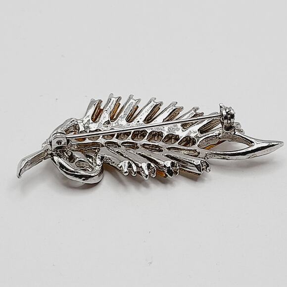 Vintage Feather Brooch Clear Rhinestones Silver Tone Rhodium Plate, Repair - Picture 8 of 8